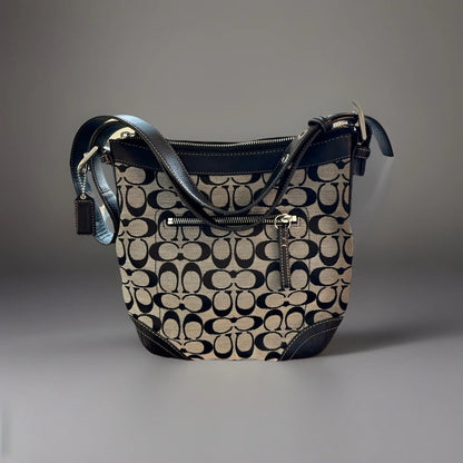 COACH Vintage Bucket Bag Handbag Black Leather Canvas Adjusting Strap (org $350)