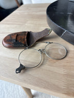 ANTIQUE 1900s Silver Pince Nez Eyeglasses Round C Bridge Spectacles Leather Case