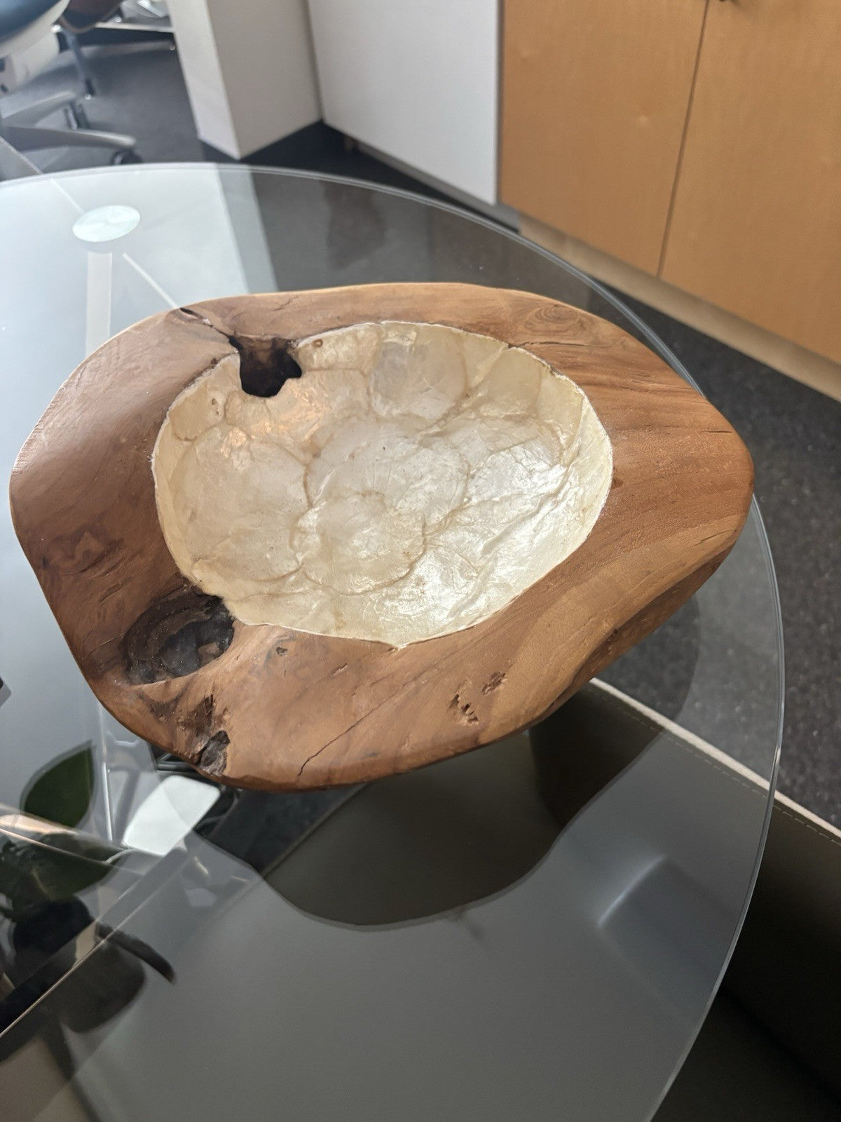 VINTAGE Live Edge Wood Bowl White Mother of Pearl Inlay Rustic Centerpiece 12x11