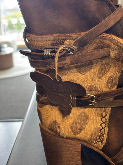 NEW Freebird STEVEN BAKER Zip Boots Brown Leopard Print Pony Hair Belted Women 8