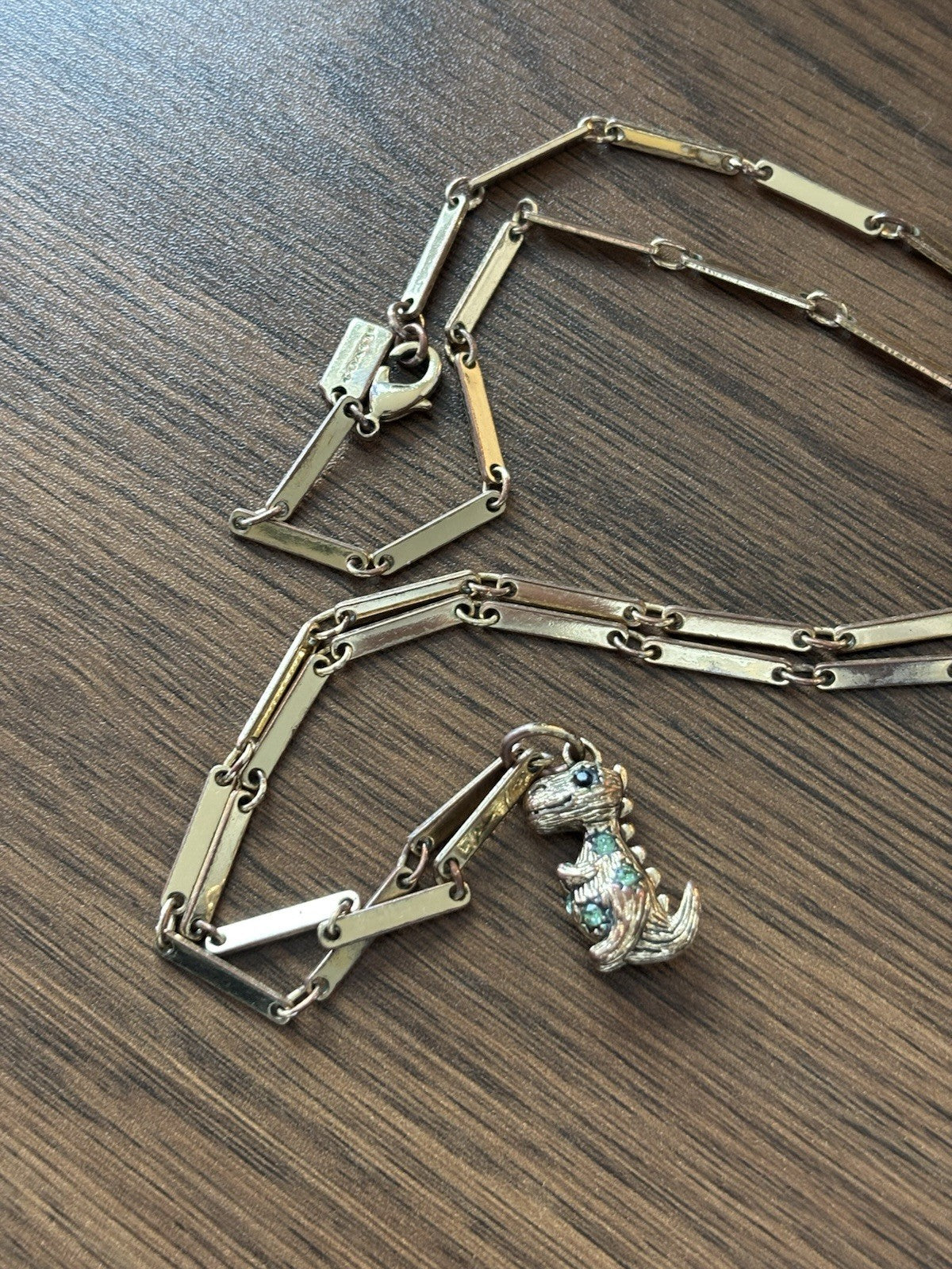 COACH Rare Rexy Dinosaur Pendant Necklace Gold Tone Crystal Bar Chain (org $150)