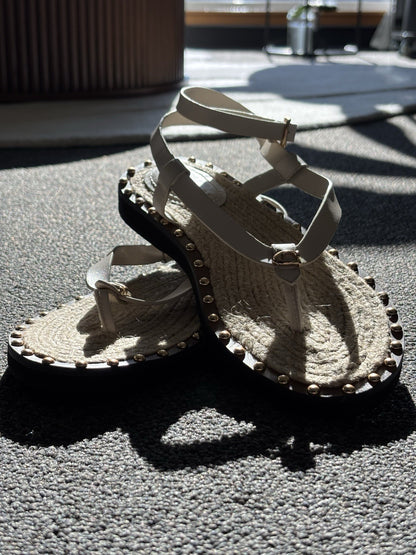 NEW Designer COACH Gracey Leather Studs Sandals w/ Jute Rope Size 7.5 (org $225)