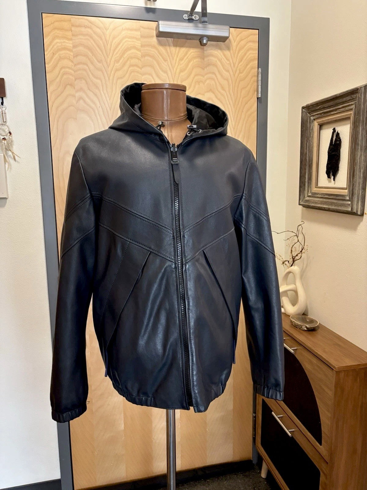 Designer COACH Lamb Leather Jacket Reversible W/ Hood Navy/BLK Sz 48 (Org $1295)