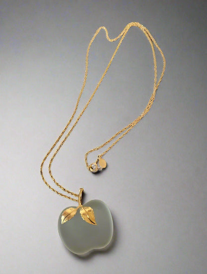 Vintage AVON Apple Frosted Clear Quartz Pendant Golden Chain Necklace 28" Long