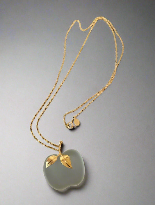 Vintage AVON Apple Frosted Clear Quartz Pendant Golden Chain Necklace 28" Long