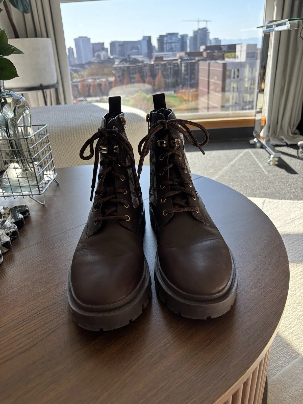 COACH Brand Citysole Combat Boot Leather Signature Oak Maple Size 10.5(org $350)