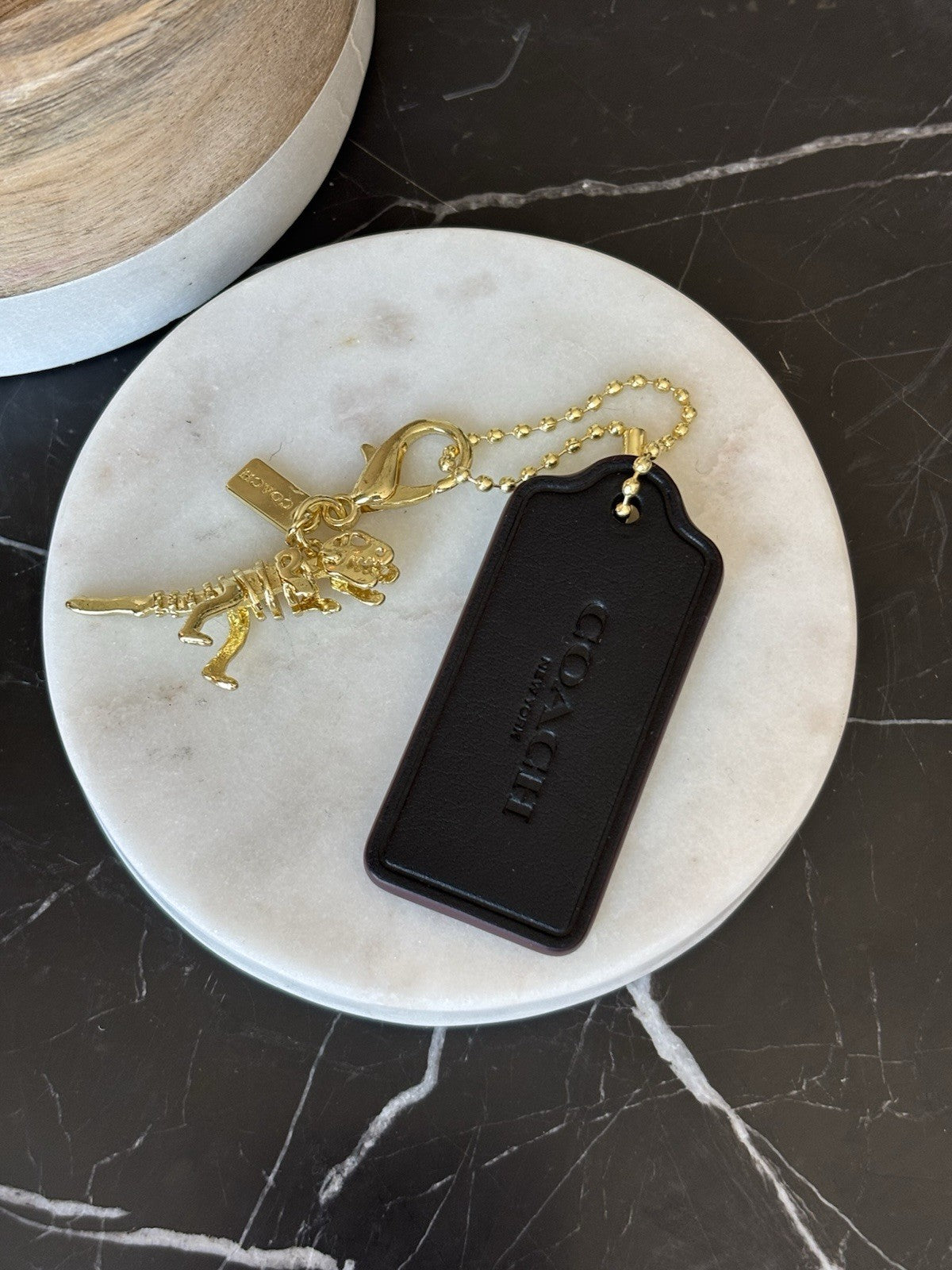 COACH New York Designer REXY Hang Tag Dino Bag Charm Fob Chain Gold/Black/Maroon