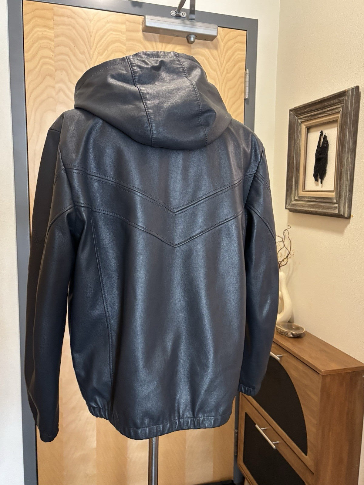 Designer COACH Lamb Leather Jacket Reversible W/ Hood Navy/BLK Sz 48 (Org $1295)