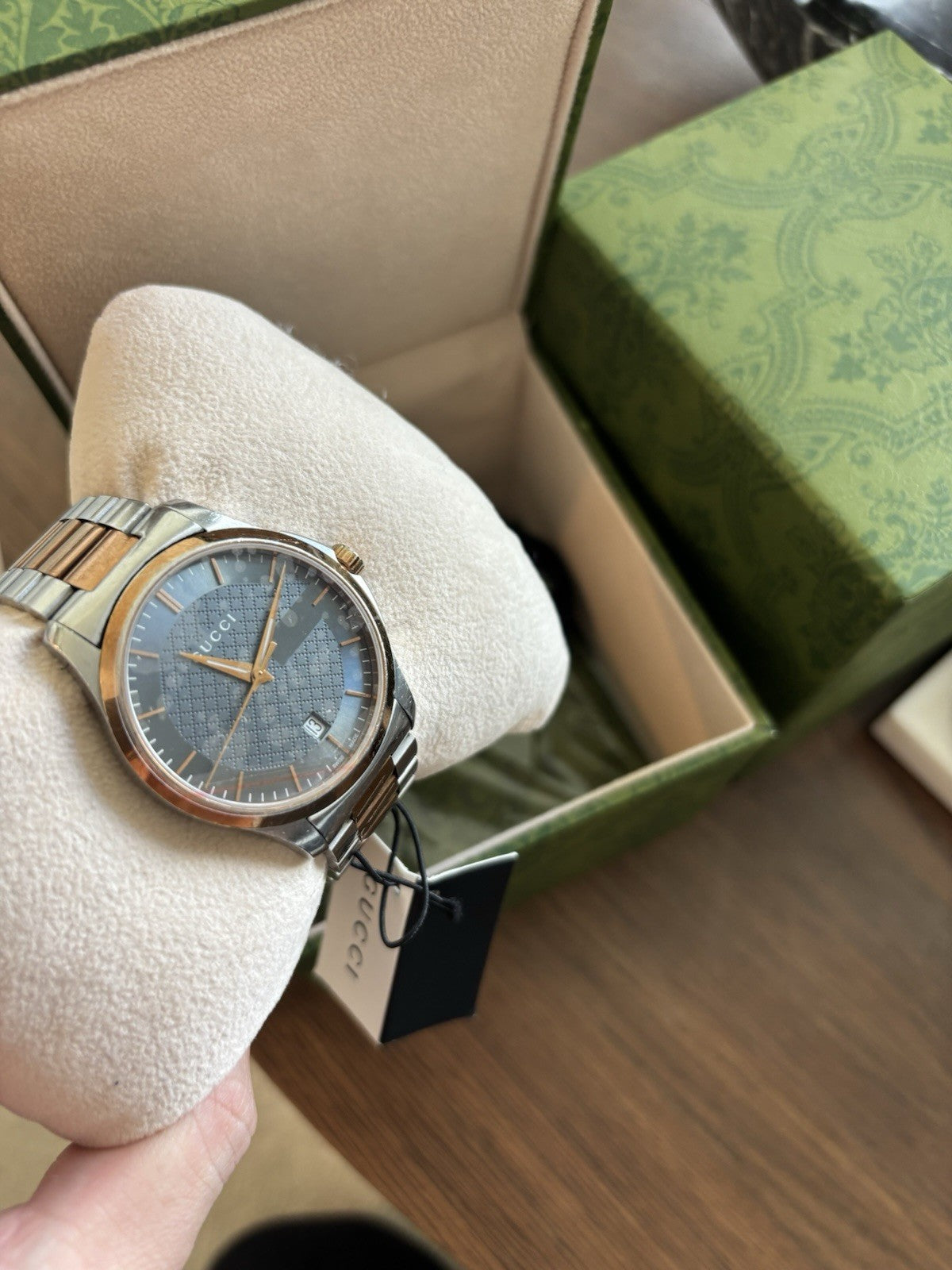 GUCCI Designer G-Timeless Gray Dial Rose Gold 2 Tone Watch #YA126446 (org $1170)