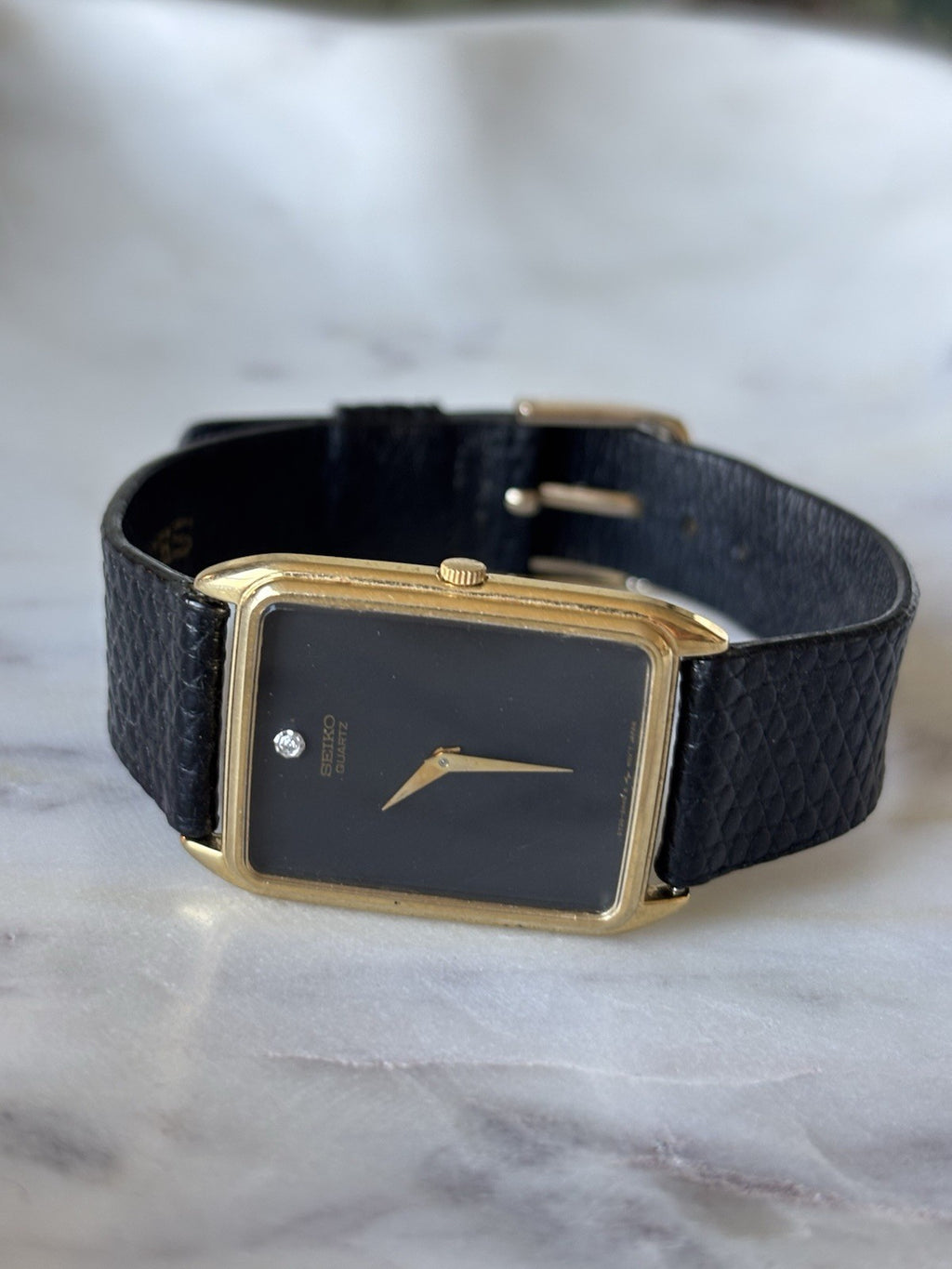 SEIKO Vintage Real Diamond Watch Black/Gold Mens 18mm Leather Snake Adjustable