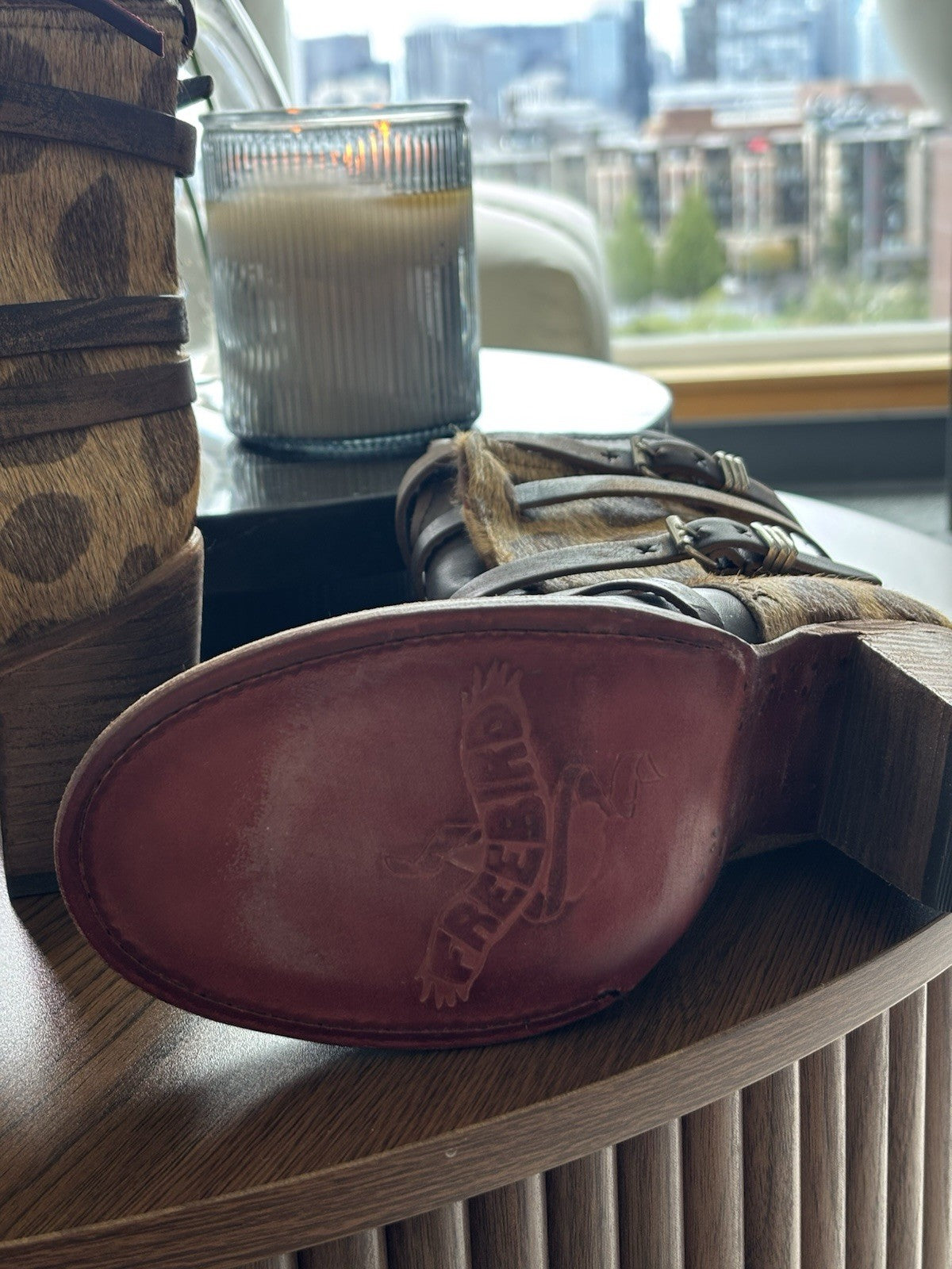 NEW Freebird STEVEN BAKER Zip Boots Brown Leopard Print Pony Hair Belted Women 8