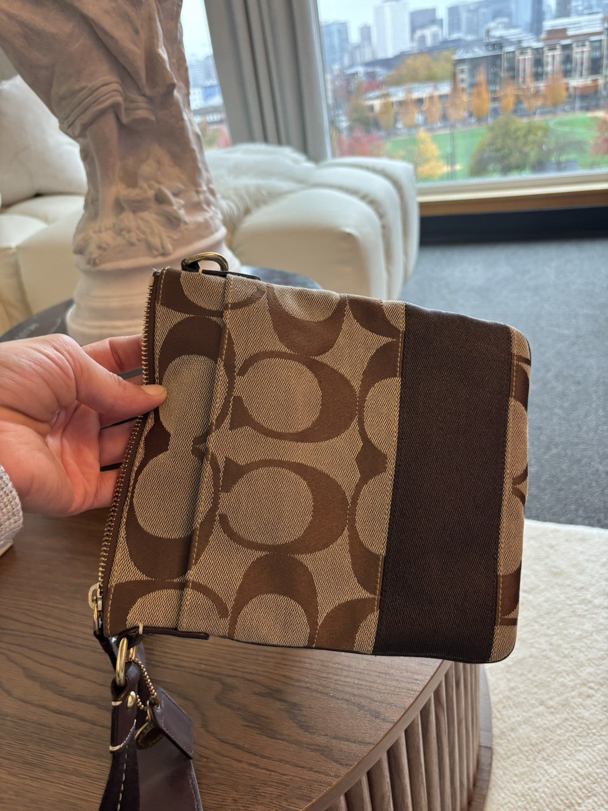 COACH Signature Jacquard Canvas Leather Trim Messenger Crossbody Bag Brown/Beige