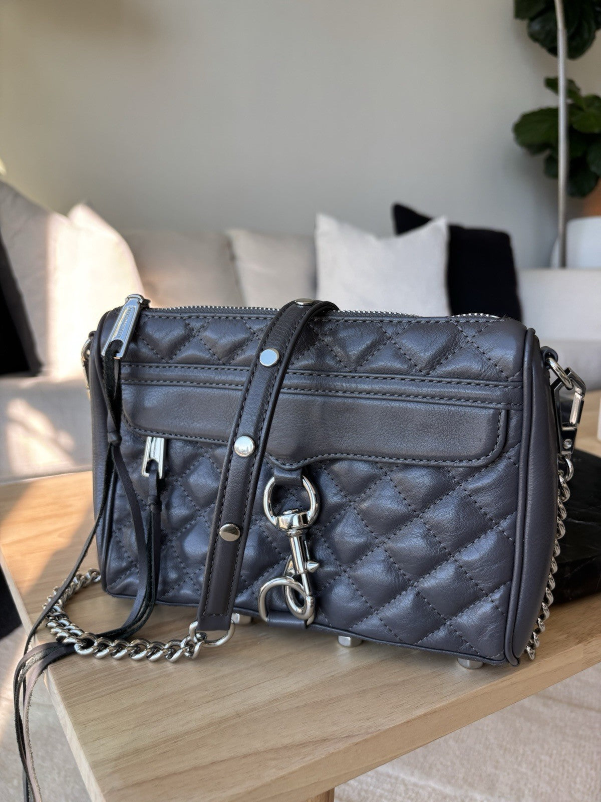 REBECCA MINKOFF Mini MAC Gray Quilted Leather Zip Crossbody Bag Chain (org $430)