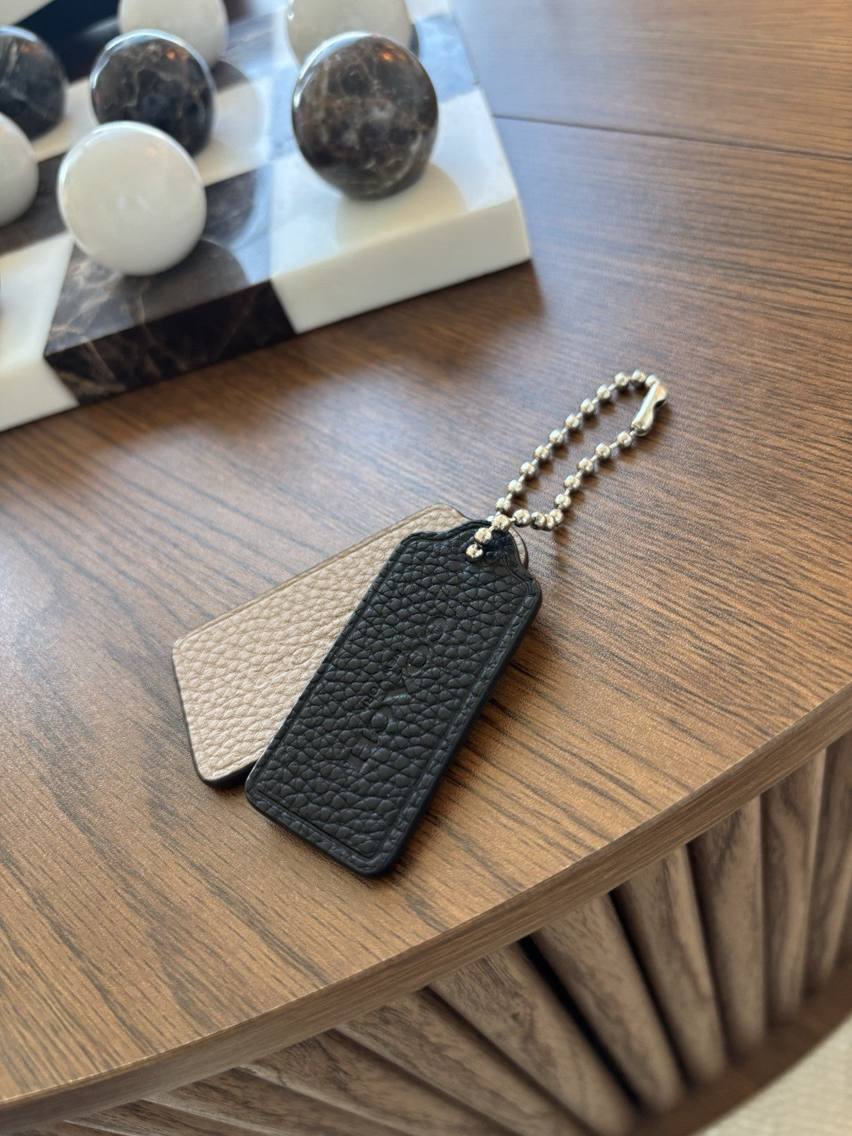 COACH Designer Leather 2 Hanging Bag Charm Fob Black/ Tan Tag Silver Bead Chain