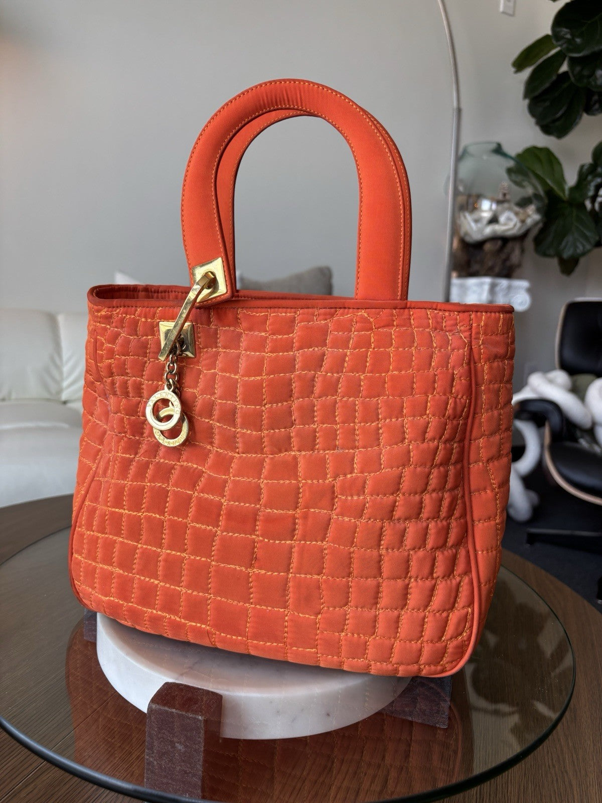 VALENTINO “Orlandi” Orange Quilted Nylon Handbag Gold Charm Italy (org $595.00)