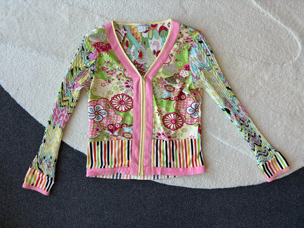 LILLIE RUBIN Vintage 2001 Y2K Fairy Floral Top XL Crinkle Bell Sleeve Zip Blouse