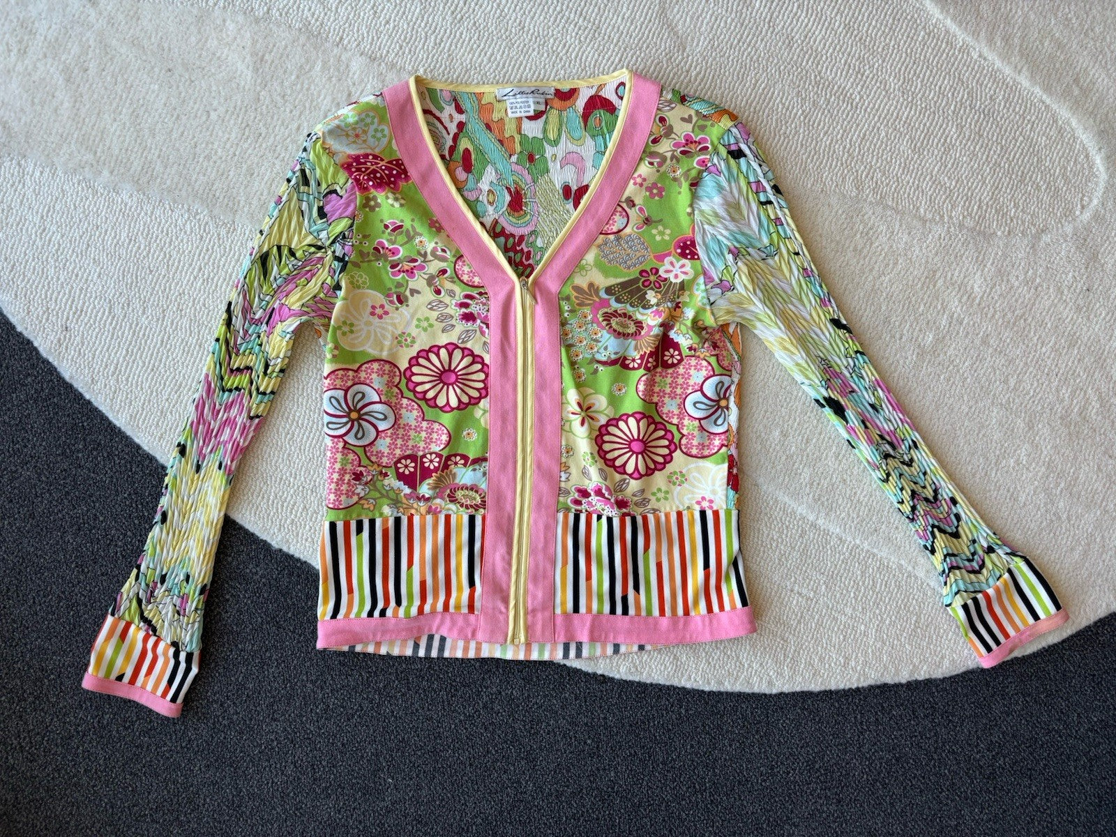 LILLIE RUBIN Vintage 2001 Y2K Fairy Floral Top XL Crinkle Bell Sleeve Zip Blouse