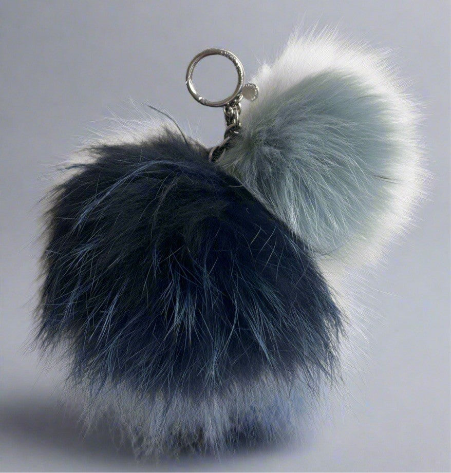 MICHAEL KORS Real Fox Fur Pom Poms Sister 2 Bag Charm Keychain Navy Slate Blue
