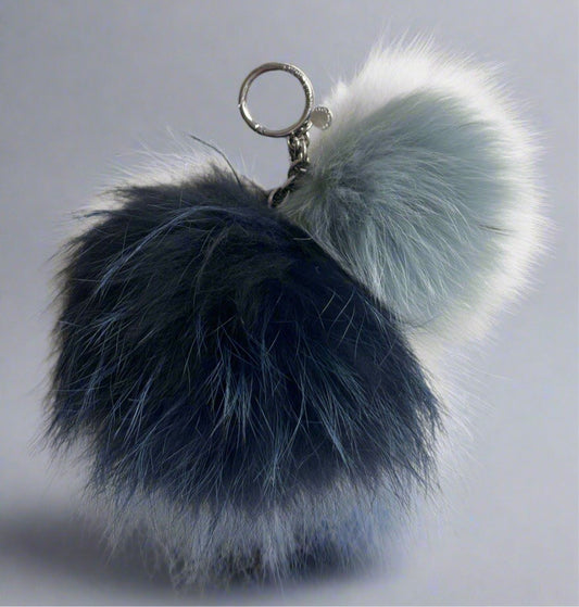 MICHAEL KORS Real Fox Fur Pom Poms Sister 2 Bag Charm Keychain Navy Slate Blue