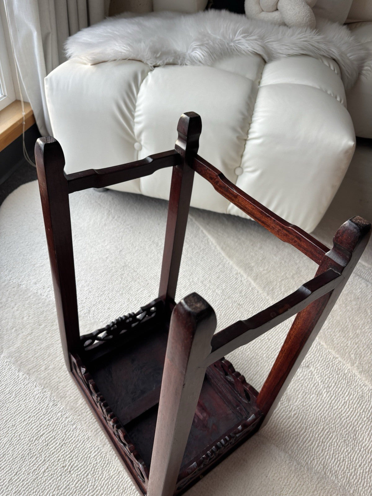 ANTIQUE Chinese Rosewood Pedestal Stand Carved Hardwood Plant Tea Side Table