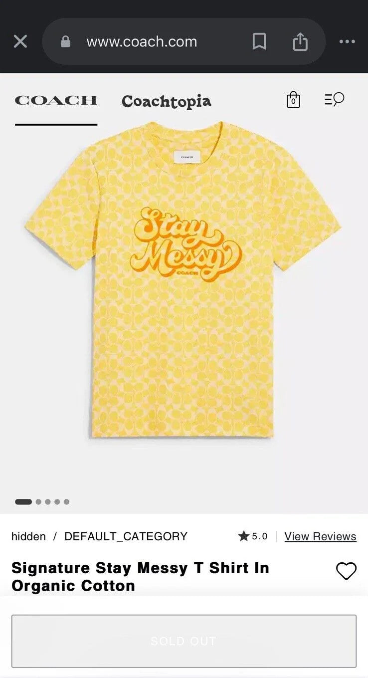 COACH Designer T Shirt Retro Fuzzy Graphic “Stay Messy” Yellow Size M (org $150)