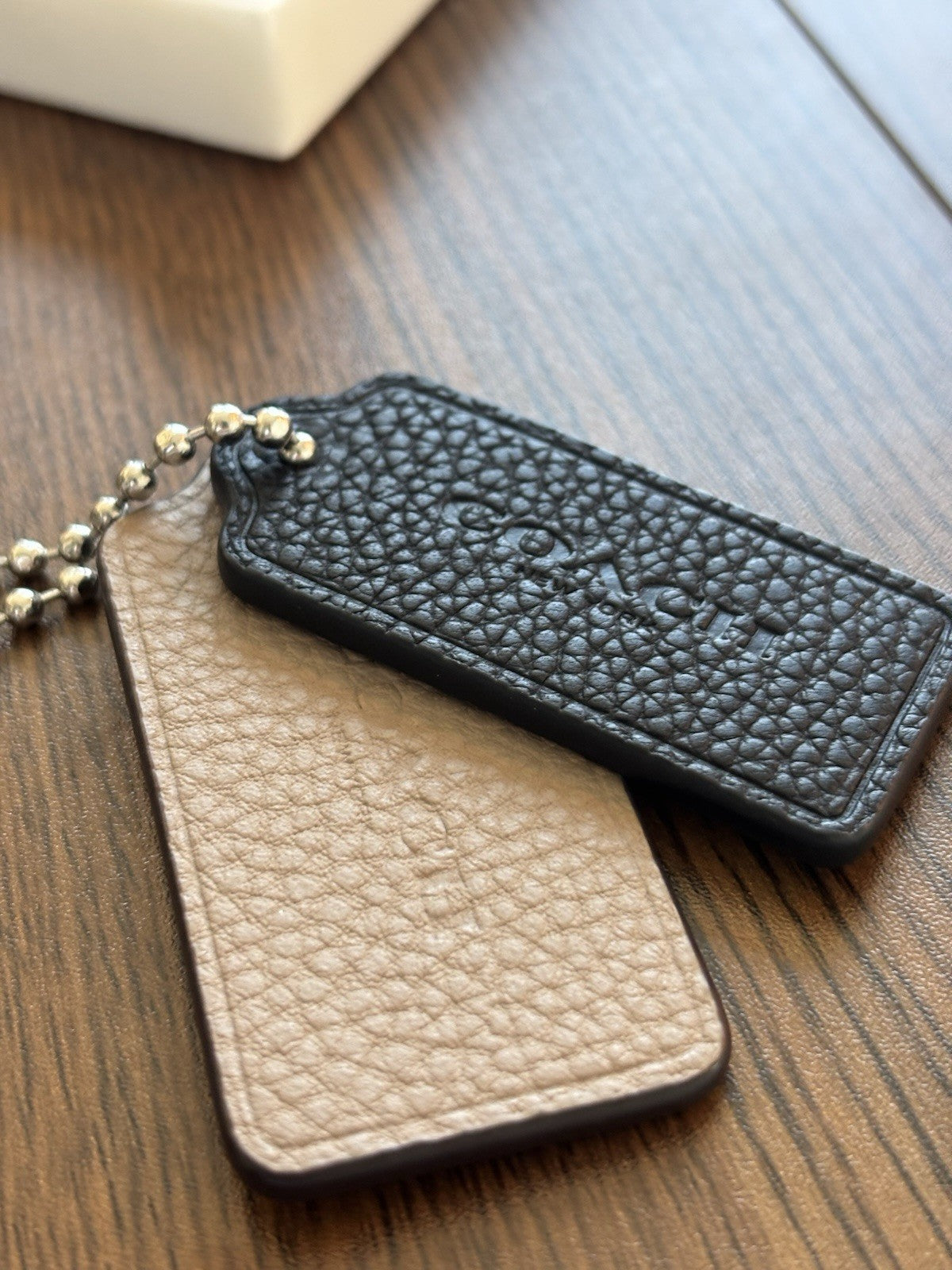 COACH Designer Leather 2 Hanging Bag Charm Fob Black/ Tan Tag Silver Bead Chain