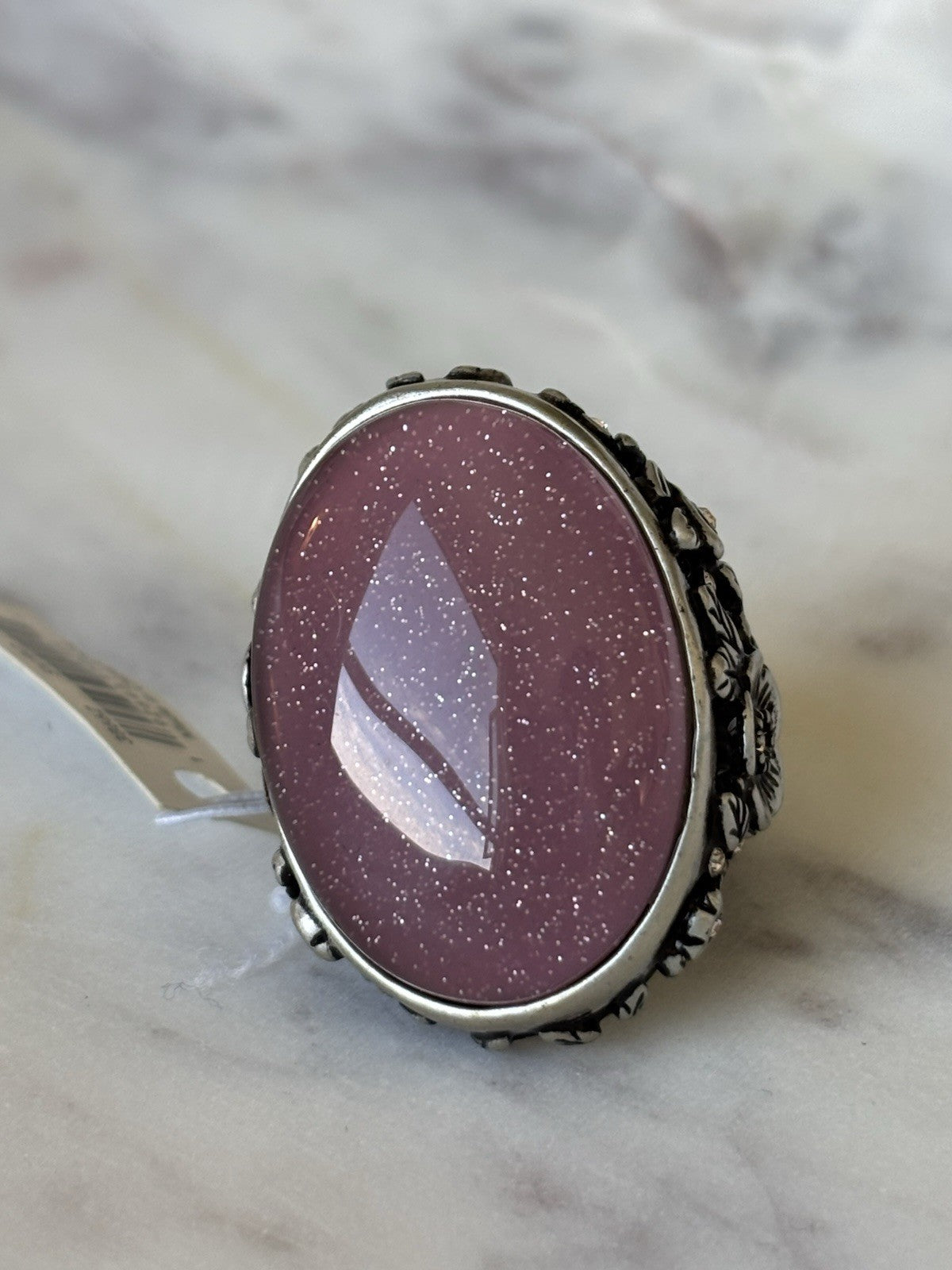 COACH Tea Rose Cabochon Swarovski Crystal Pink/Silver Statement Ring 7(org $145)