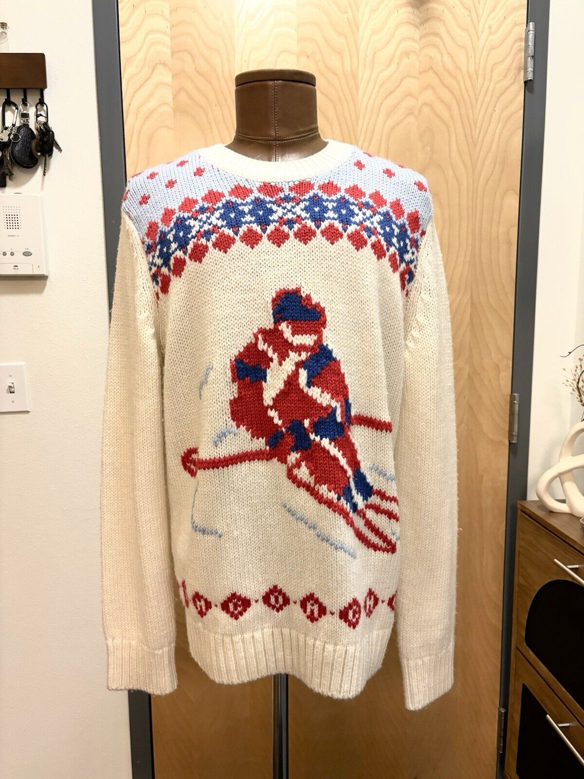 Winter COACH Ski Fair Isle Real Wool Sweater | Hand Knit | Red White Blue ($595)