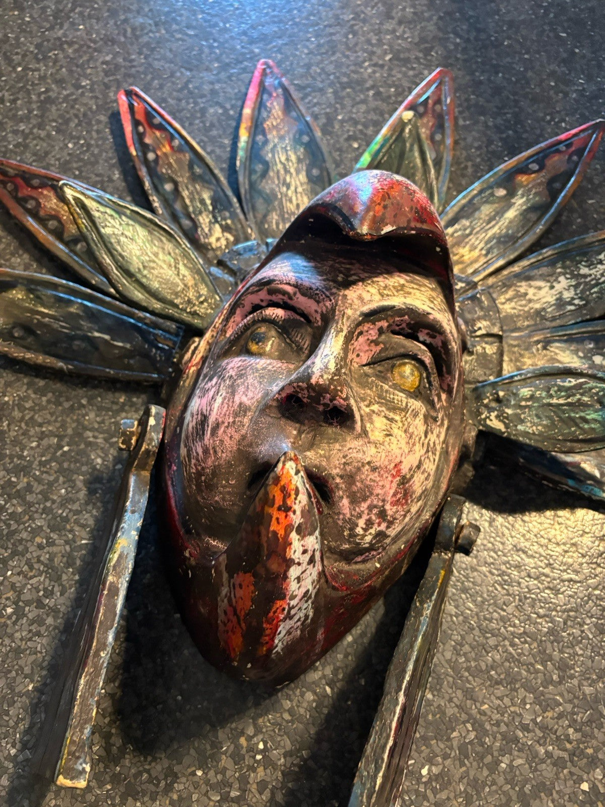 VINTAGE Mexican Hand Carved Wood Wall Mask Bird Headdress Folk Art Large 29inch