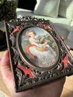 1951 VINTAGE Italian Portrait Frames Set of 2 Brass Filigree & Red Velvet 5x8”