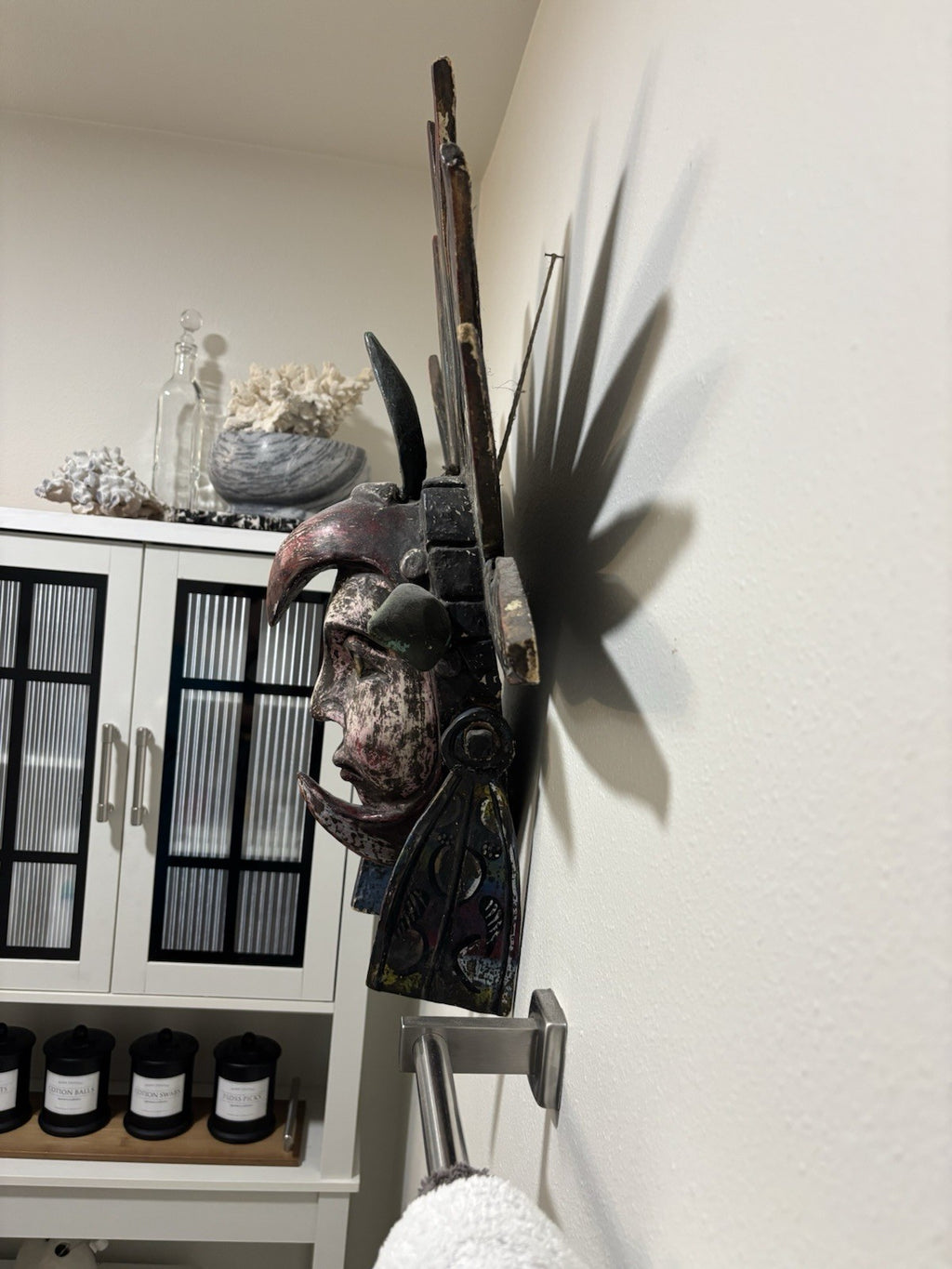 VINTAGE Mexican Hand Carved Wood Wall Mask Bird Headdress Folk Art Large 29inch