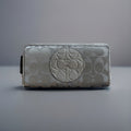 COACH Metallic Leather Stripe/Medallion Zip Around Wallet Charcoal Gray Silver