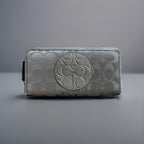 COACH Metallic Leather Stripe/Medallion Zip Around Wallet Charcoal Gray Silver