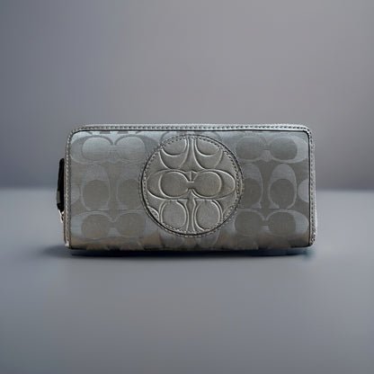 COACH Metallic Leather Stripe/Medallion Zip Around Wallet Charcoal Gray Silver