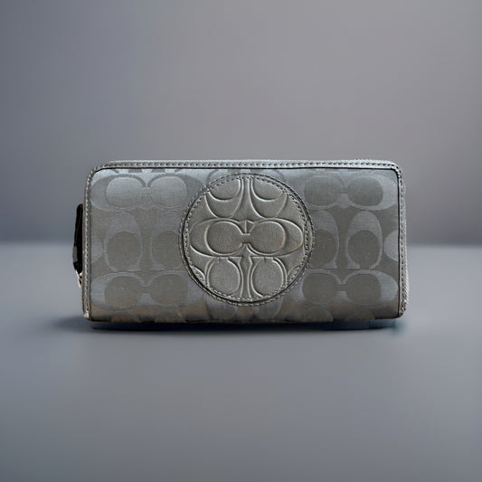 COACH Metallic Leather Stripe/Medallion Zip Around Wallet Charcoal Gray Silver