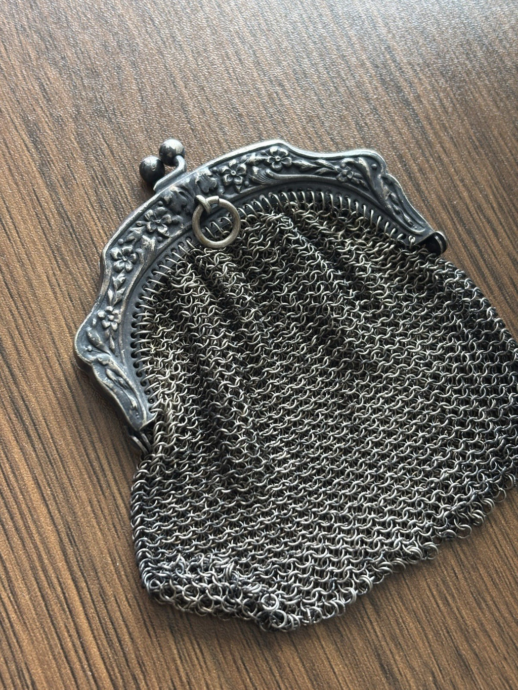 ANTIQUE Victorian Edwardian Chainmail Coin Purse Kiss-lock Pouch Silver Tone Bag