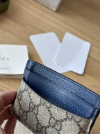 GUCCI Supreme GG Card Holder Beige Ebony Canvas Blue Leather 768248 (org $285)