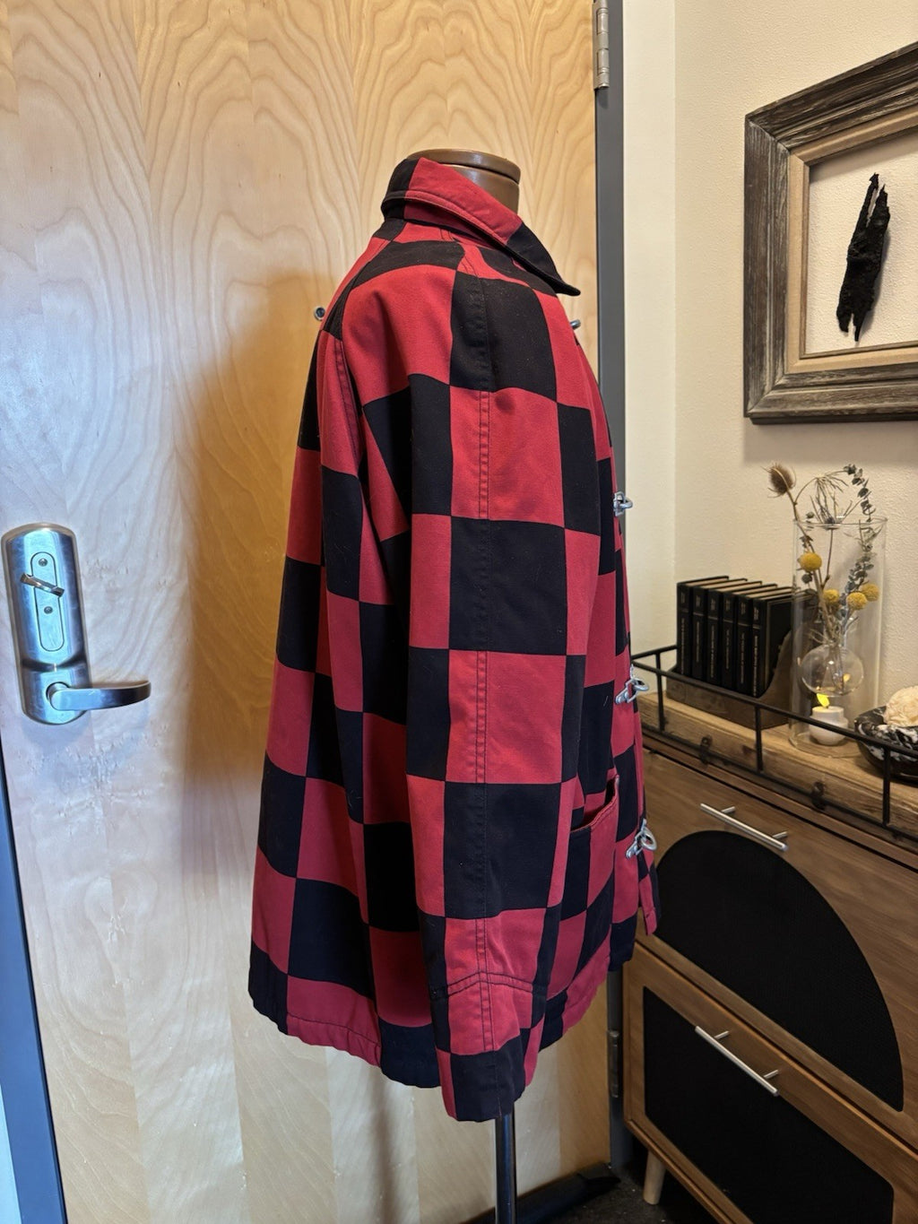 ESPRIT 1990’s Vintage Red/Black Checkered Toggle Coat Jacket 100% Cotton Medium