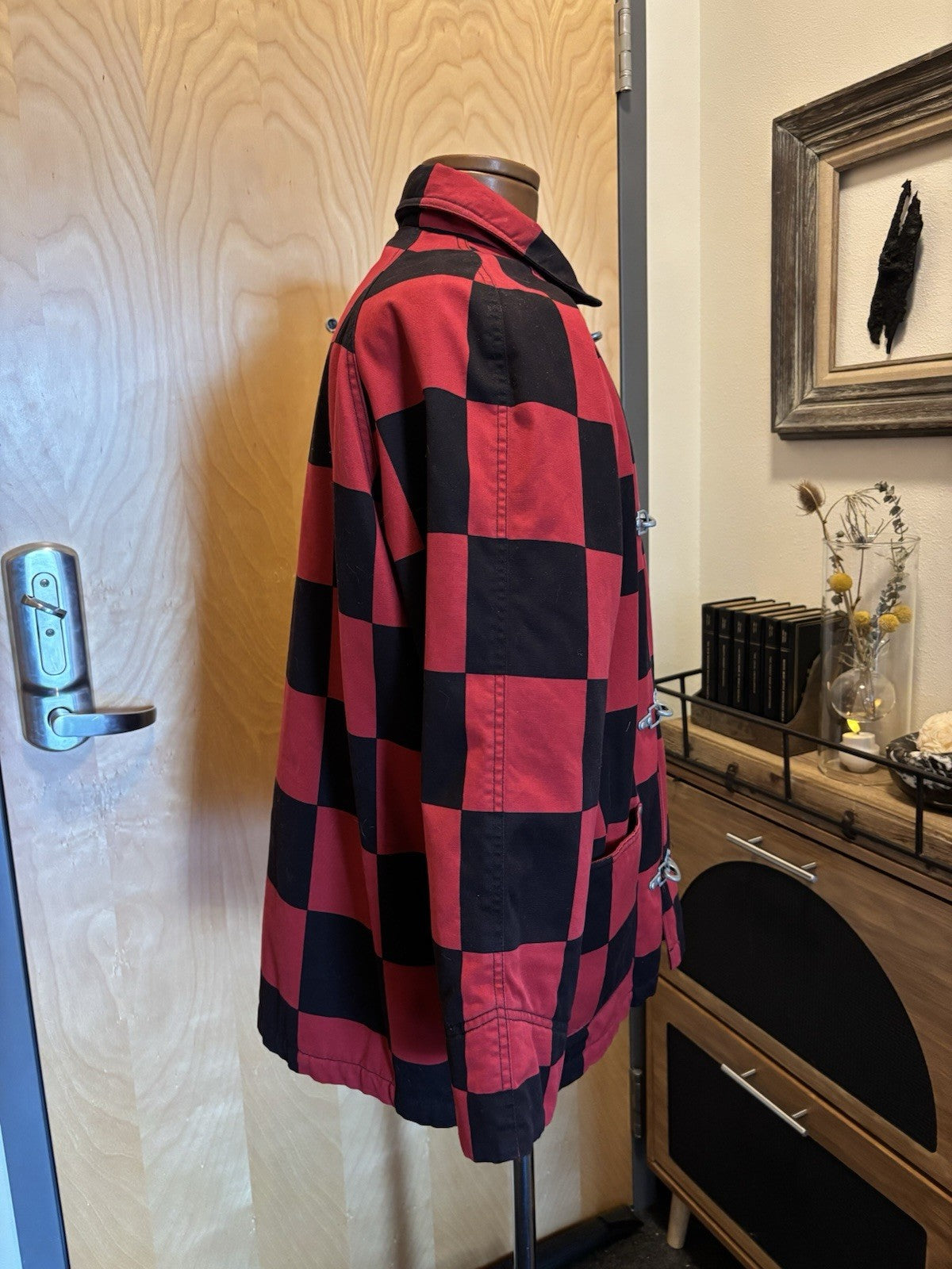 ESPRIT 1990’s Vintage Red/Black Checkered Toggle Coat Jacket 100% Cotton Medium