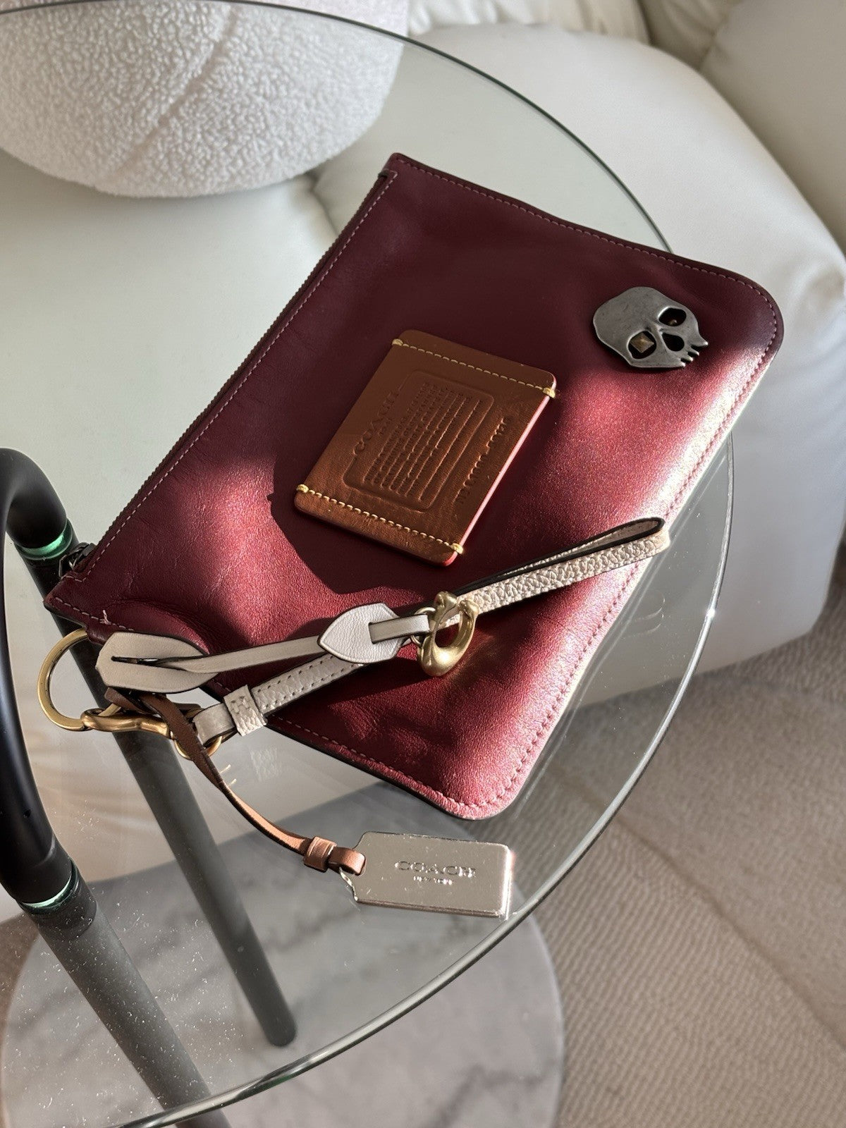 Custom COACH Create Skull Pins On Rogue Wristlet Burgundy Leather Medium Zip Top