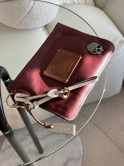 Custom COACH Create Skull Pins On Rogue Wristlet Burgundy Leather Medium Zip Top