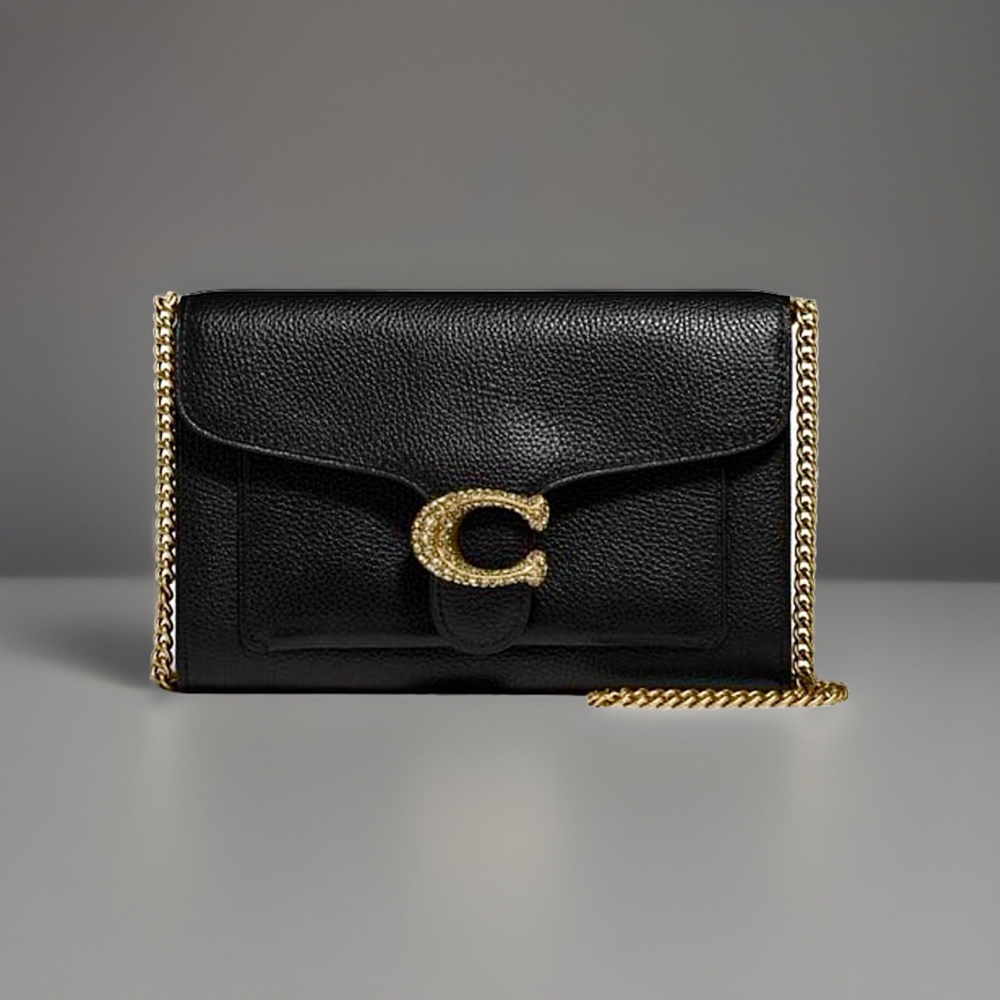 COACH Tabby Chain Clutch Pave Stones C Buckle Black Pebbled Leather (org $395)