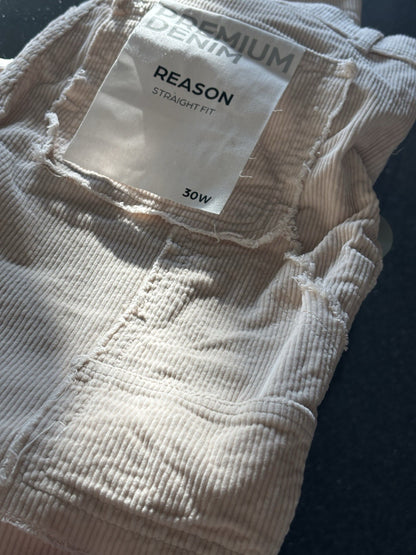 NWT REASON Mens Beige Distressed Pocket Premium Denim Straight Fit Jeans Size 30