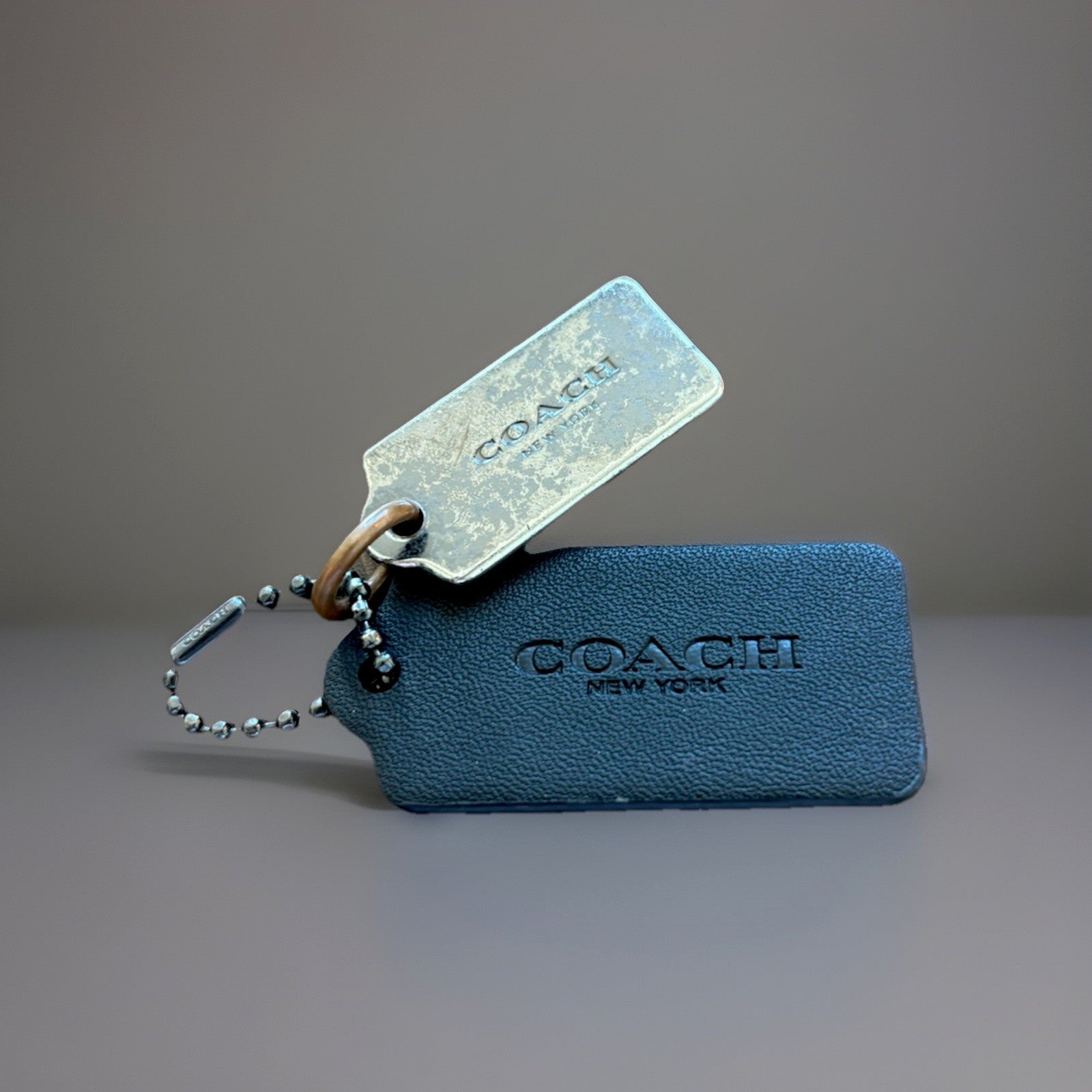 COACH Designer (2) Hanging Bag Charm Fob Black Leather /Gunmetal Tag /Bead Chain