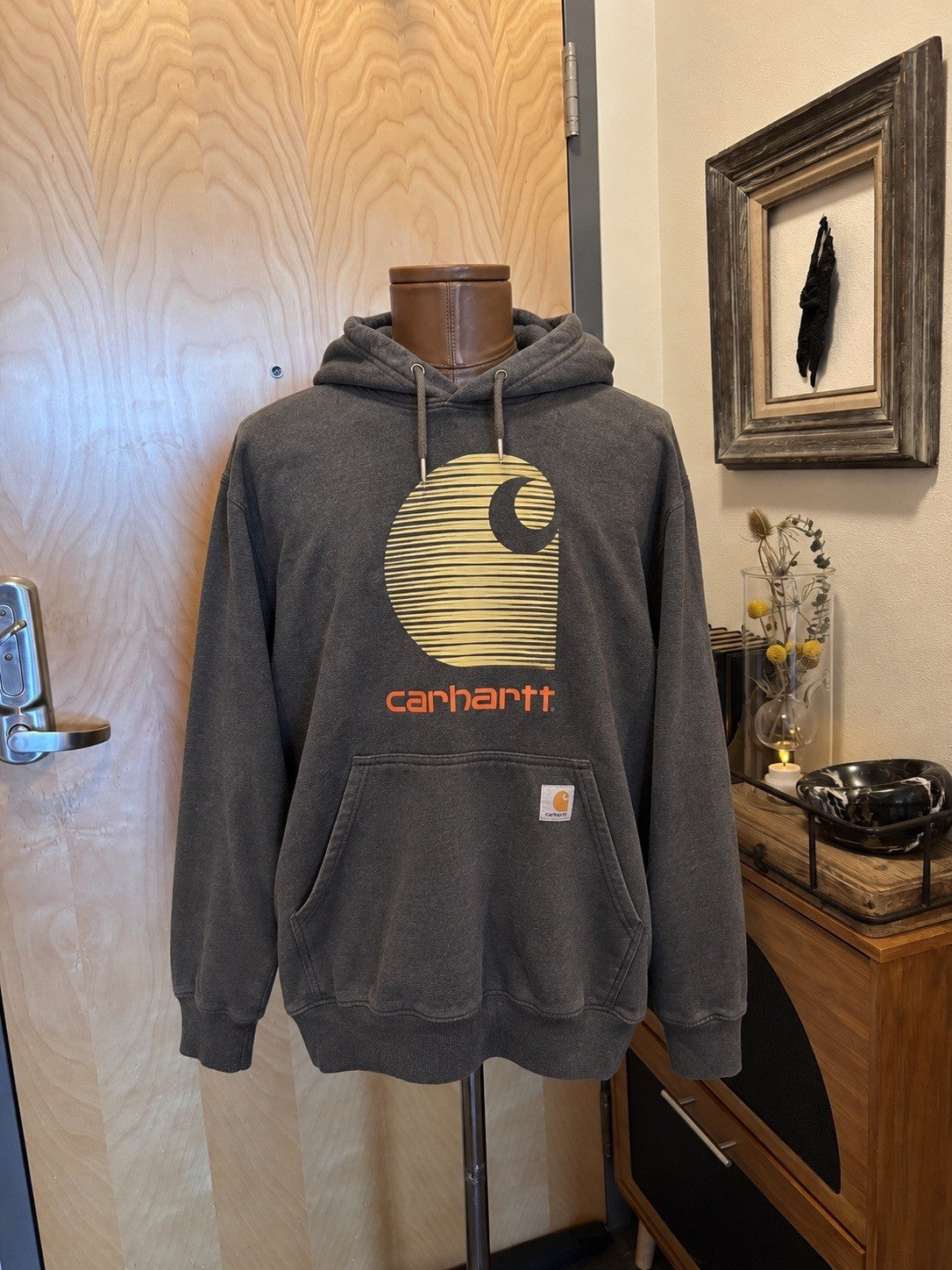 CARHARTT Rain Defender Hoodie Sweatshirt Heavyweight Grey Mens XL Orange Logo