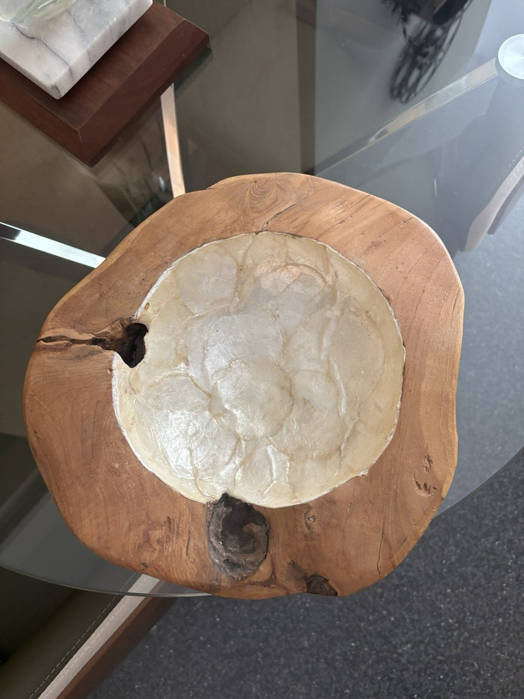 VINTAGE Live Edge Wood Bowl White Mother of Pearl Inlay Rustic Centerpiece 12x11
