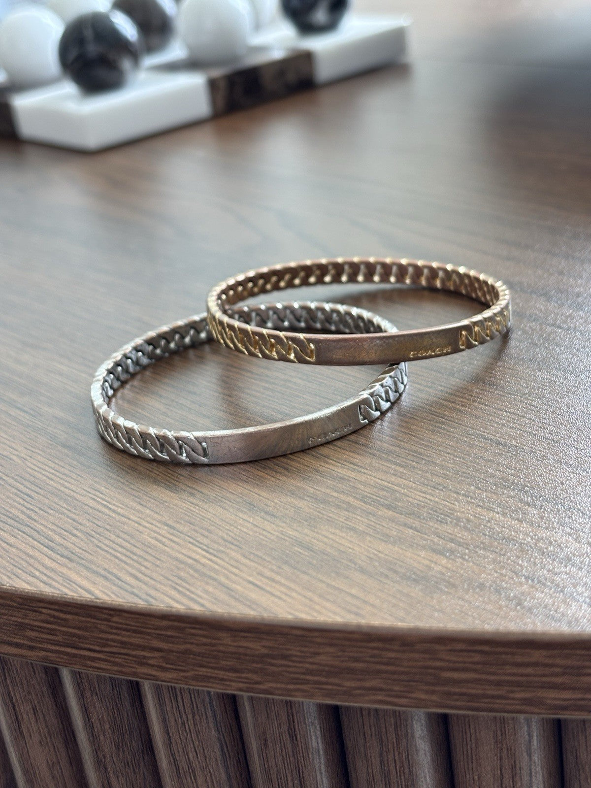 Vintage Designer COACH Set of 2 Bangle Bracelet Embossed Silver & Gold Plated