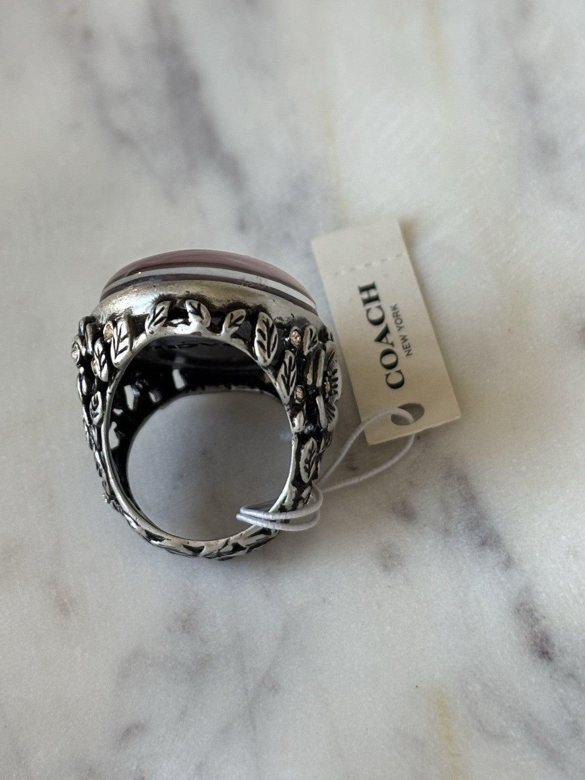 COACH Tea Rose Cabochon Swarovski Crystal Pink/Silver Statement Ring 7(org $145)