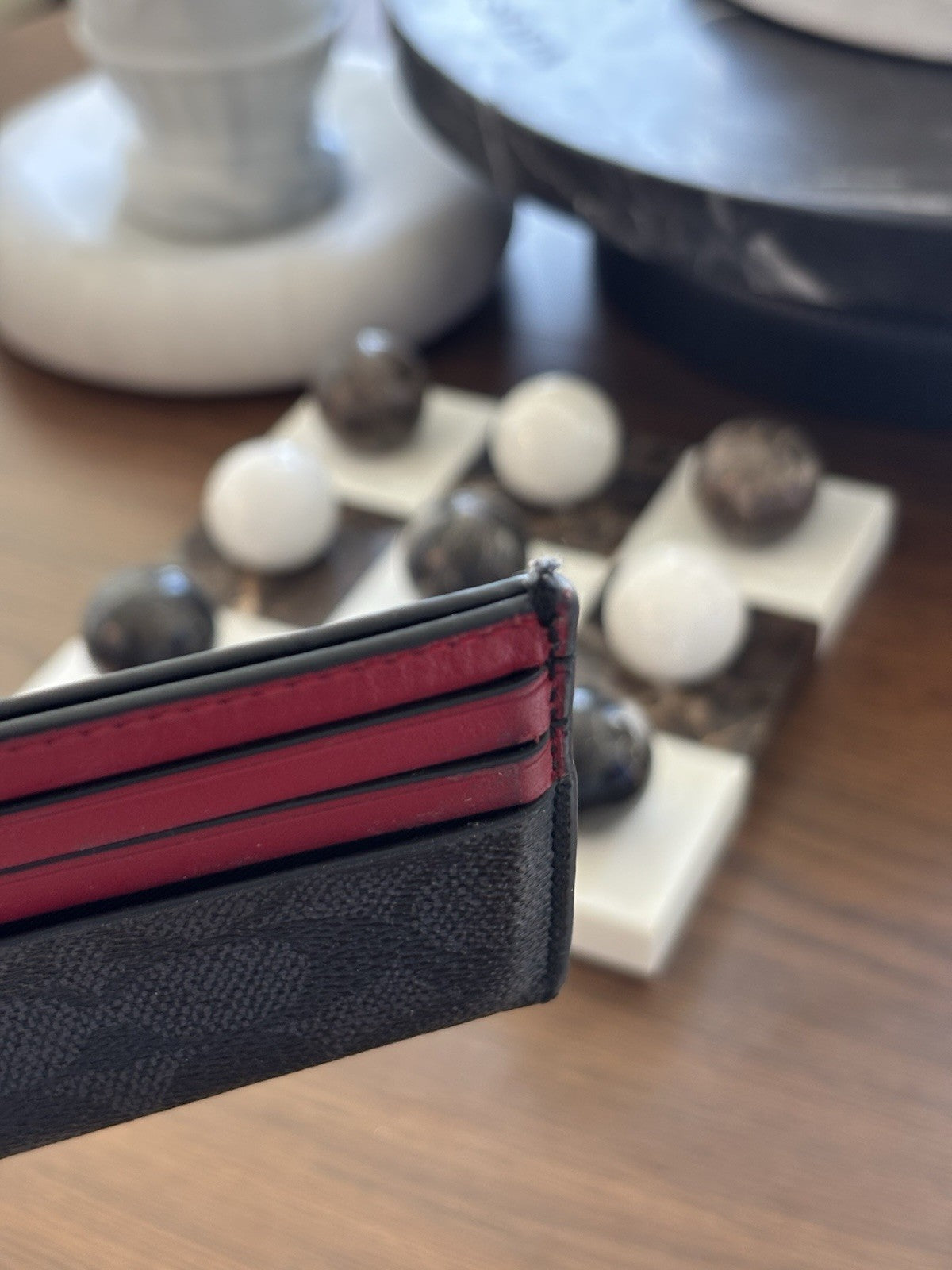 COACH ID Card Case Charcoal Red Signature Wallet Credit/Business Card Holder