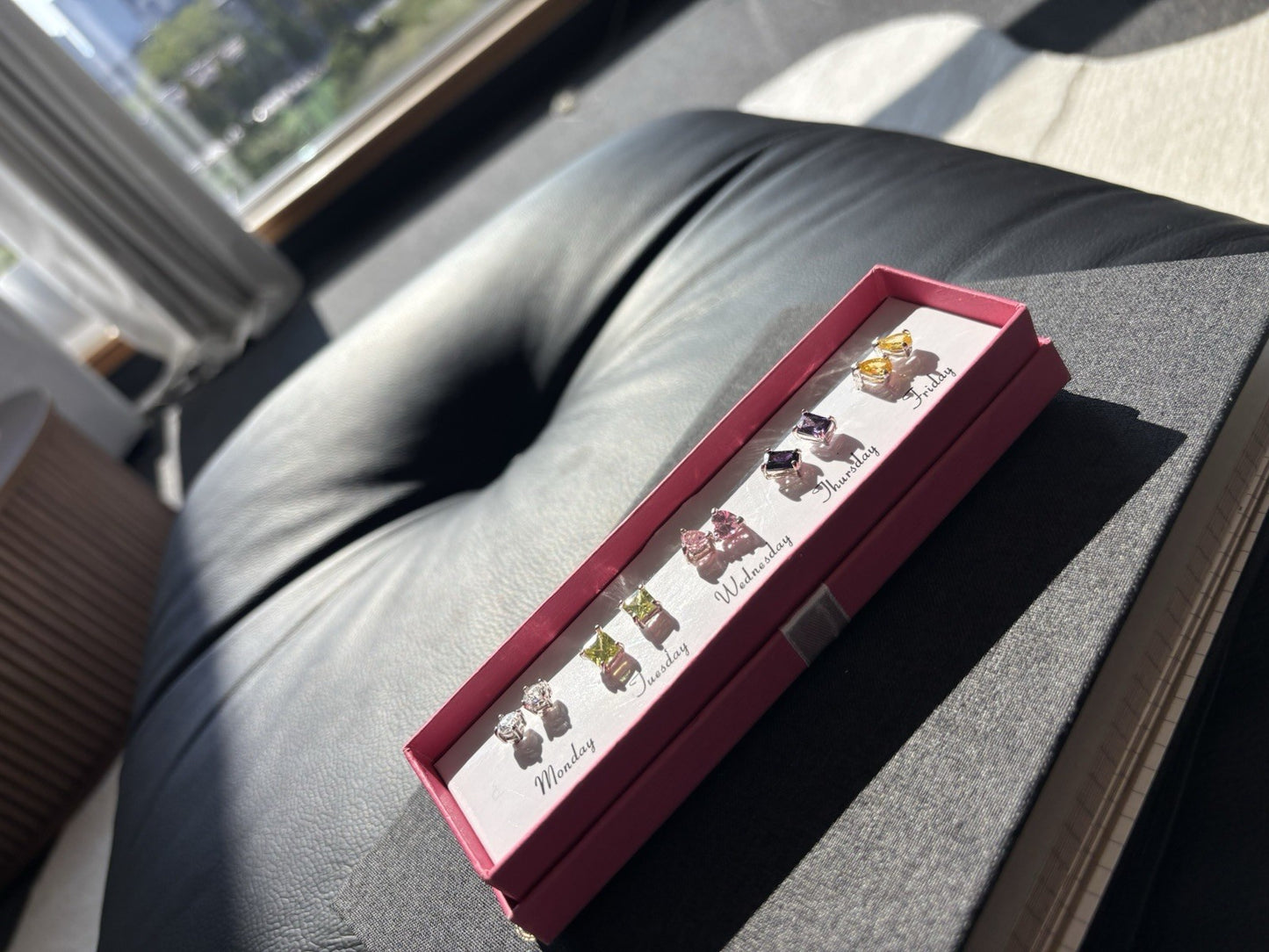 NWT AVON Days of the Week Cubic Zirconia Earrings Pink Purple Green Real Stones